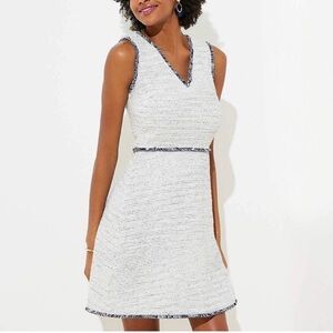 LOFT Cream and Navy Fringe Boucle Dress